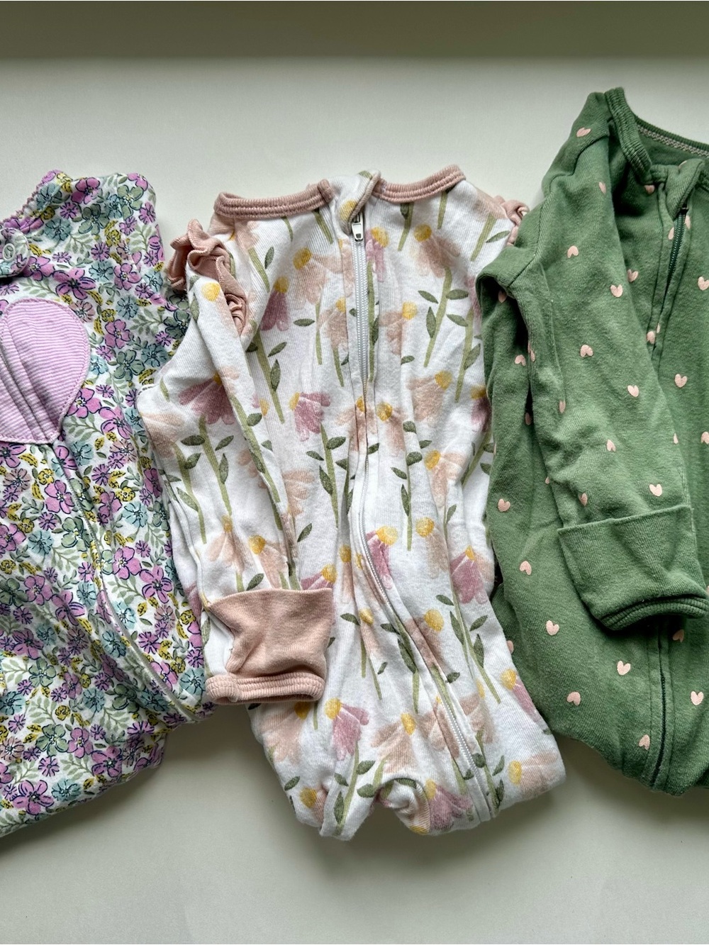 Kids Floral & Green Cotton Sleepers- lot of 3-baby girl